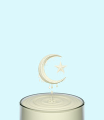 Splash ripple of liquid white milk yogurt cream in form of crescent moon and star in a glass. Design concept of islamic celebration day ramadan kareem or eid fitr adha. 3D rendering illustration. © sofirinaja