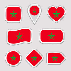 Morocco, flag vector set. Moroccan national flags stickers collection. Vector isolated geometric icons. Web, sports pages, patriotic, travel, school, geographic design elements. Different shapes