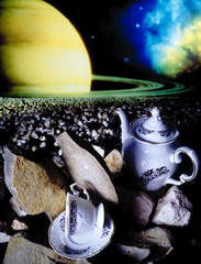 Kawa na pierścieniu Saturna, dzbanek z kawą na meteorycie - obrazy, fototapety, plakaty