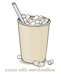 Paper Cup with hot cocoa to take away and marshmallow. Colorful vector illustration on white background.