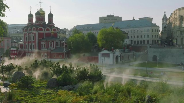View of functioning sprinkler irrigation system in Zaryadye Park