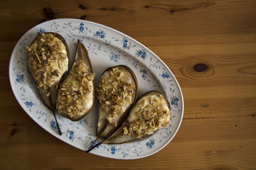pear baked with walnut and cottage cheese, healthy food