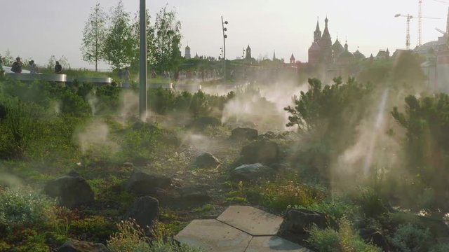 View of functioning sprinkler irrigation system in Zaryadye Park