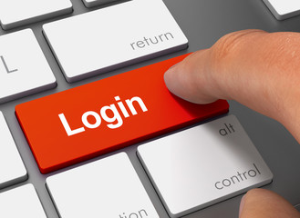 login pushing keyboard with finger 3d illustration