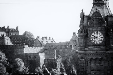 Black and White Close Up of Castle and Clock Tower