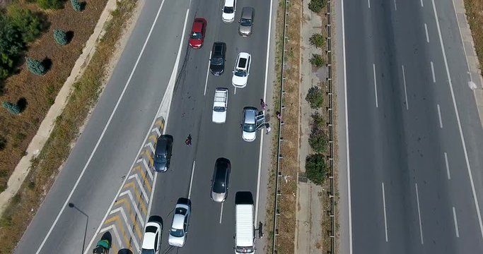 Aerial view of the traffic jam on highway because of accident