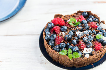 Homemade Chocolate Tart with Blueberries and Raspberries