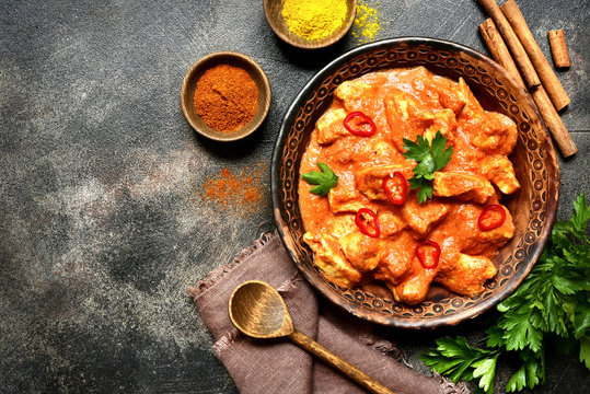 Chicken tikka masala - traditional dish of indian cuisine.Top view.