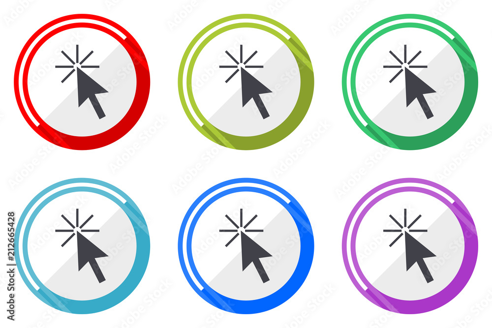 Poster click here vector icons, set of colorful flat design internet symbols on white background