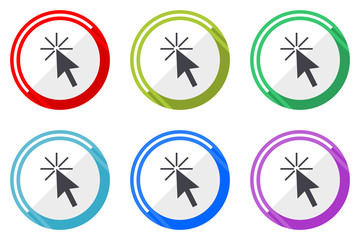 Click here vector icons, set of colorful flat design internet symbols on white background