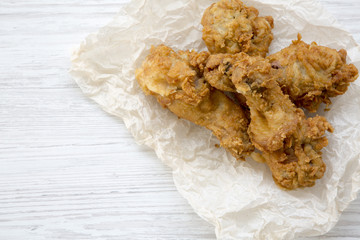 Fried chicken drumsticks with copy space, top view. From above, overhead.