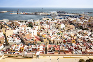 a view over Almería city, Mediterranean Sea and the harbour, Andalusia, Spain