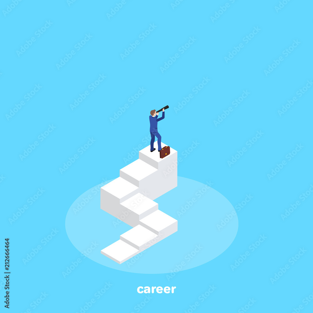 Poster a man in a business suit stands on a diagram in the form of steps and looks into a telescope, an iso