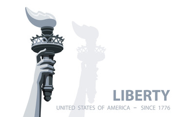Hand with torch Independence Day. Black and white Linear picture. USA. Poster. Statue of Liberty. Symbol America. Illustration white Background. Use presentation, report, postcard,flat banner, vector © VASYL