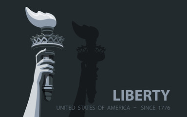 Hand with torch Independence Day. Black and white Linear picture. USA. Poster. Statue of Liberty. Symbol America.Illustration Dark black Background.Use presentation, report,postcard,flat banner,vector