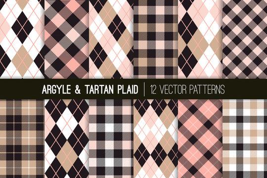 Pink, Beige and Black Argyle, Tartan and Gingham Plaid Vector Patterns. Girly Preppy Fashion Style Fabric Prints. Repeating Pattern Tile Swatches Included.