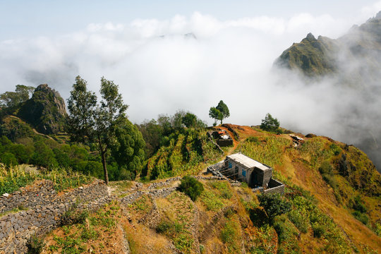 Santo Antao Landscape Mountains In Clouds. Village House And Farmlands.Cape Verde