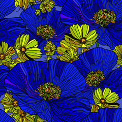 Panele Szklane  Wzór z kwiatów maku, piwonie lub róż– ilustracja stockowa