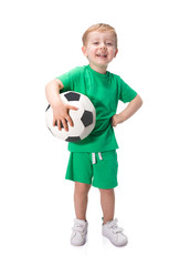 Kid holding a soccer ball isolated on white background