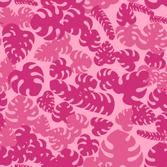 Seamless wallpaper with tropical exotic pink leaves and plants background