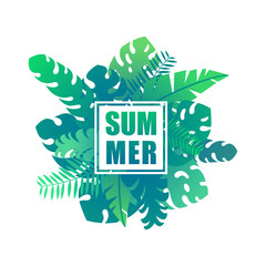 Tropical jungle leaves and plants with lettering summer template card on white background