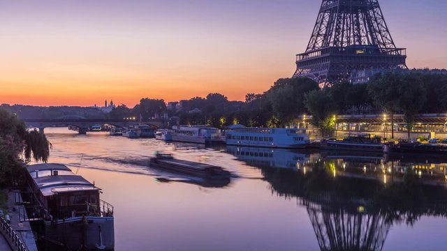 Eiffel Tower and the Seine river night to day timelapse, Paris, France
