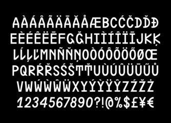 Monospaced fancy weird sans serif playful font, uppercase letters, symbols, numerals and punctuation, display typeface with two styles for posters, prints, invitations, identity design, children books