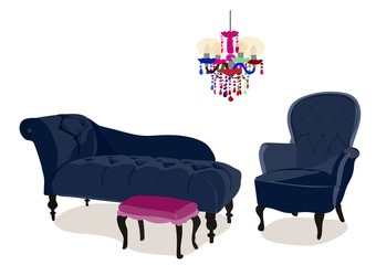 living room interior design furniture set bohemian. Vector home illustration.