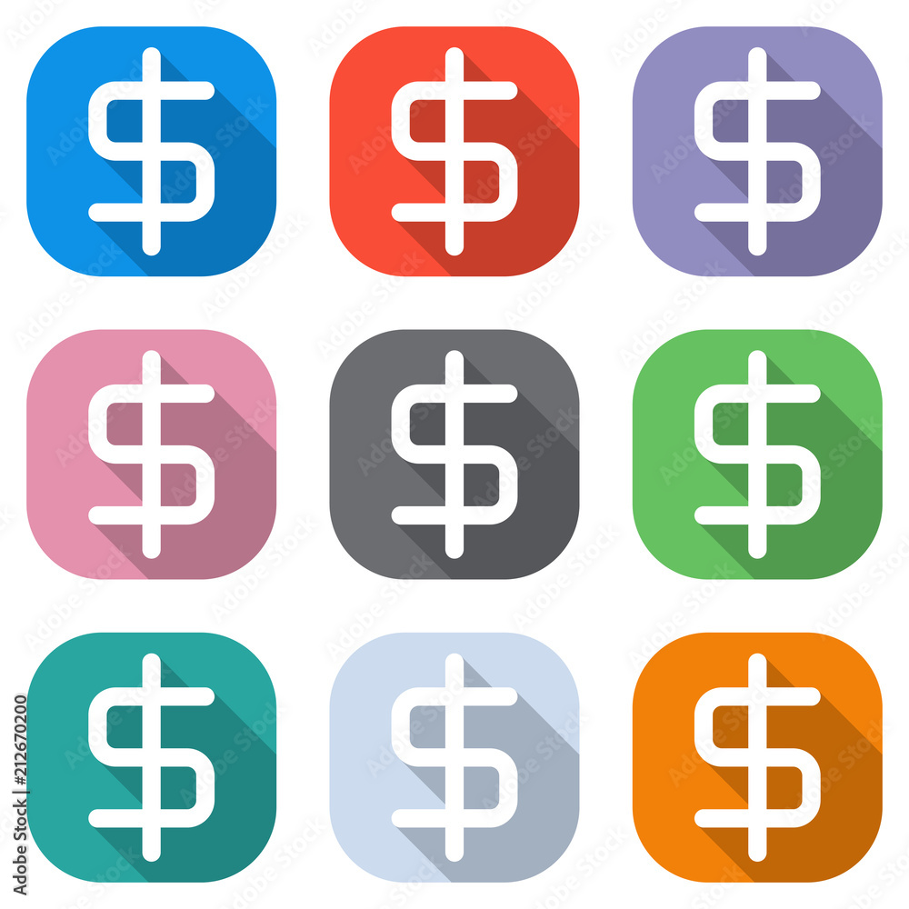 Poster simple dollar symbol. set of white icons on colored squares for applications. seamless and pattern f