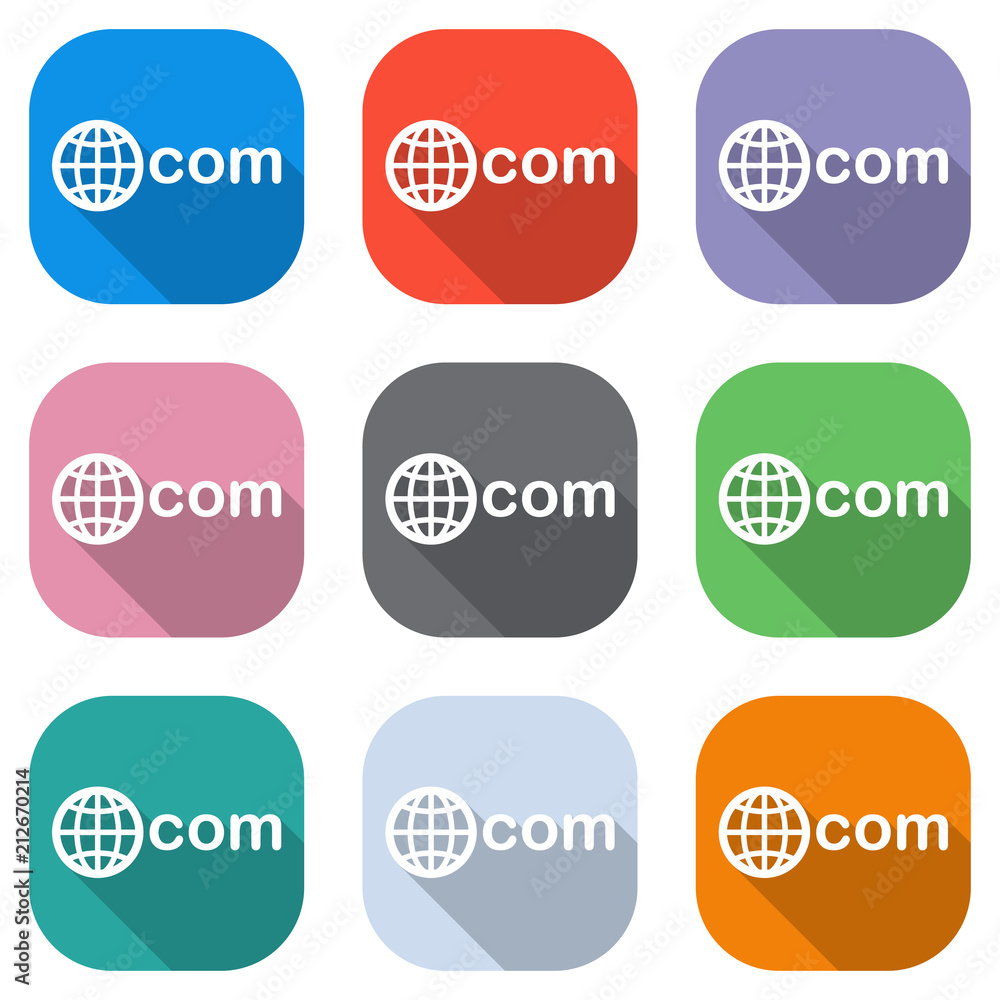 Poster one of main domains, globe and com. set of white icons on colored squares for applications. seamless