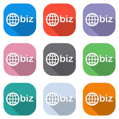 domain for business, globe and biz. Set of white icons on colored squares for applications. Seamless and pattern for poster