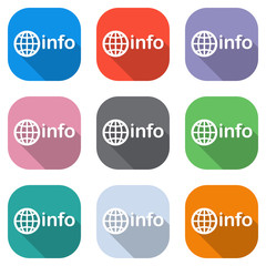 domain for information resources, globe and info. Set of white icons on colored squares for applications. Seamless and pattern for poster