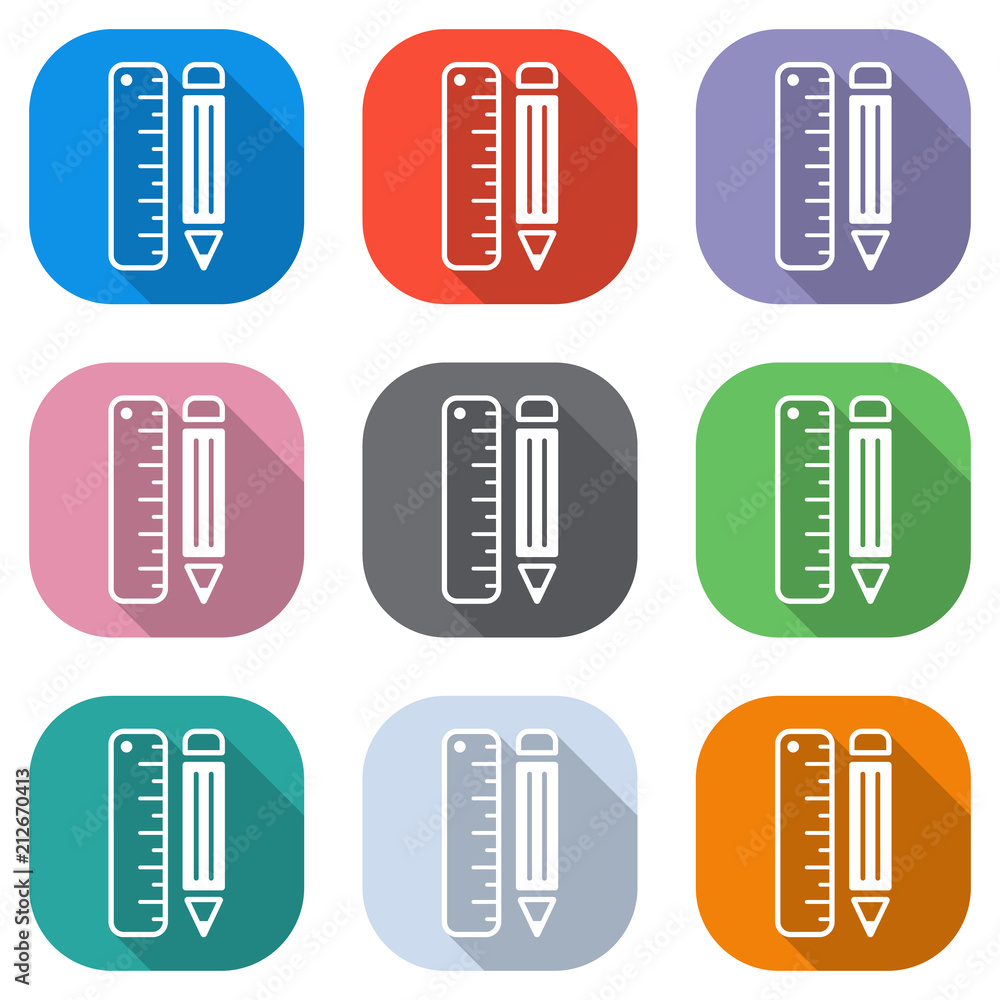 Poster simple symbol of ruler and pencil. set of white icons on colored squares for applications. seamless 