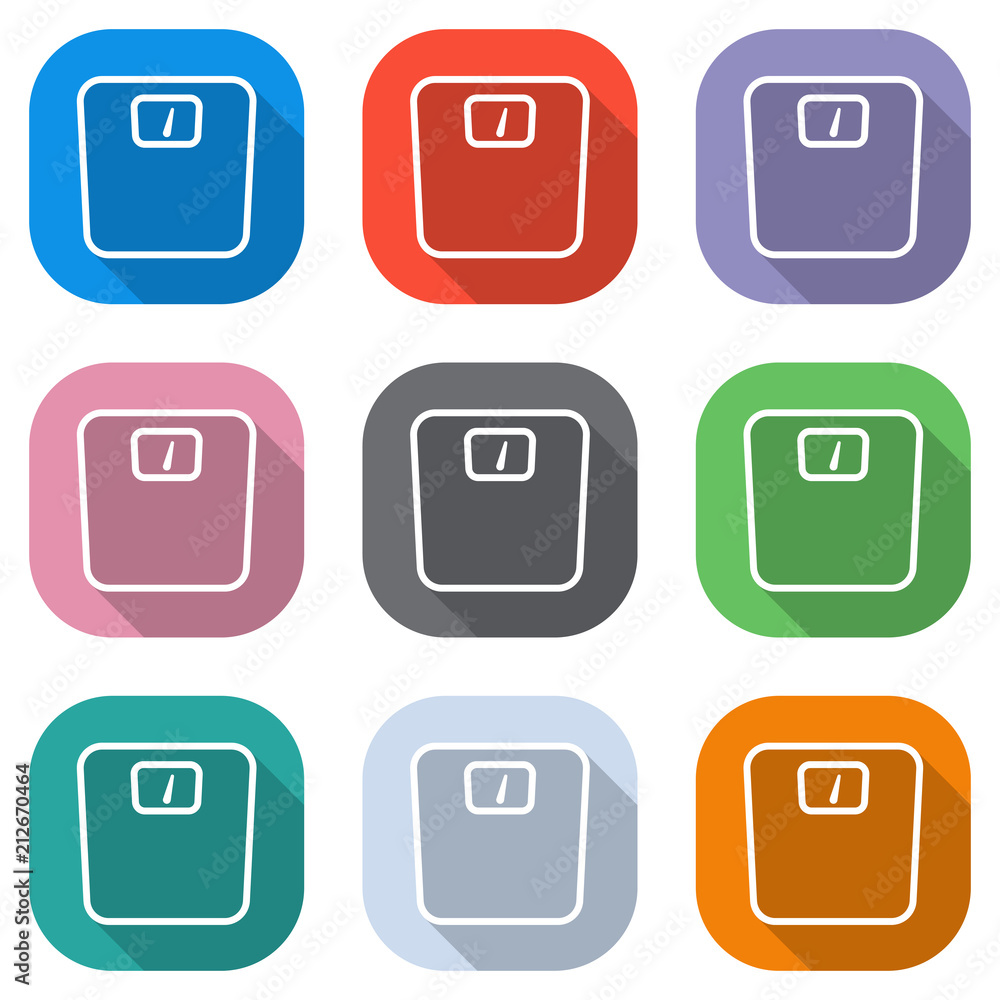 Poster silhouette or icon of weights, simple outline. set of white icons on colored squares for application