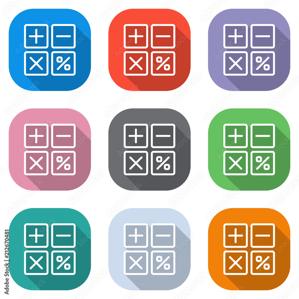 Poster simple icon of calculator. set of white icons on colored squares for applications. seamless and patt