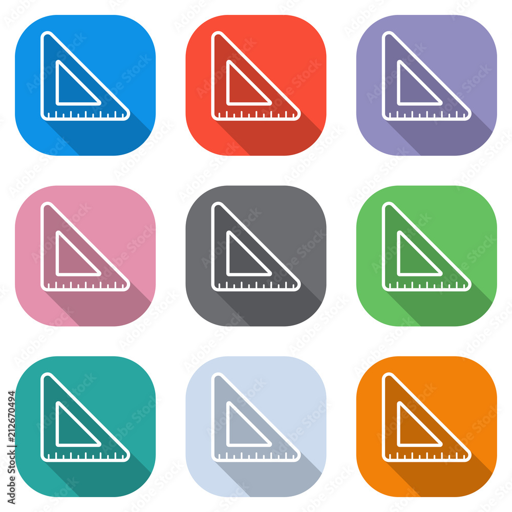 Poster simple triangle, ruler. set of white icons on colored squares for applications. seamless and pattern