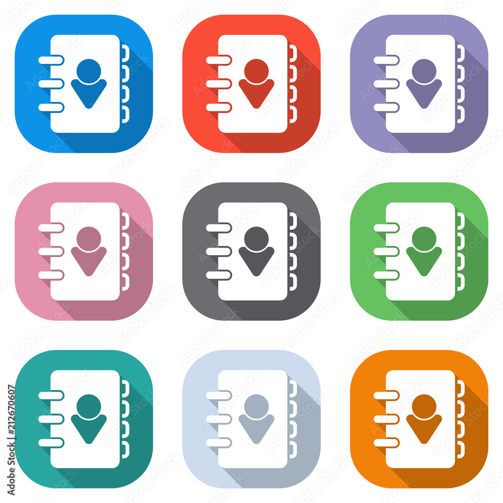 Aufkleber address book with person on cover. simple icon. set of white icons on colored squares for applicatio