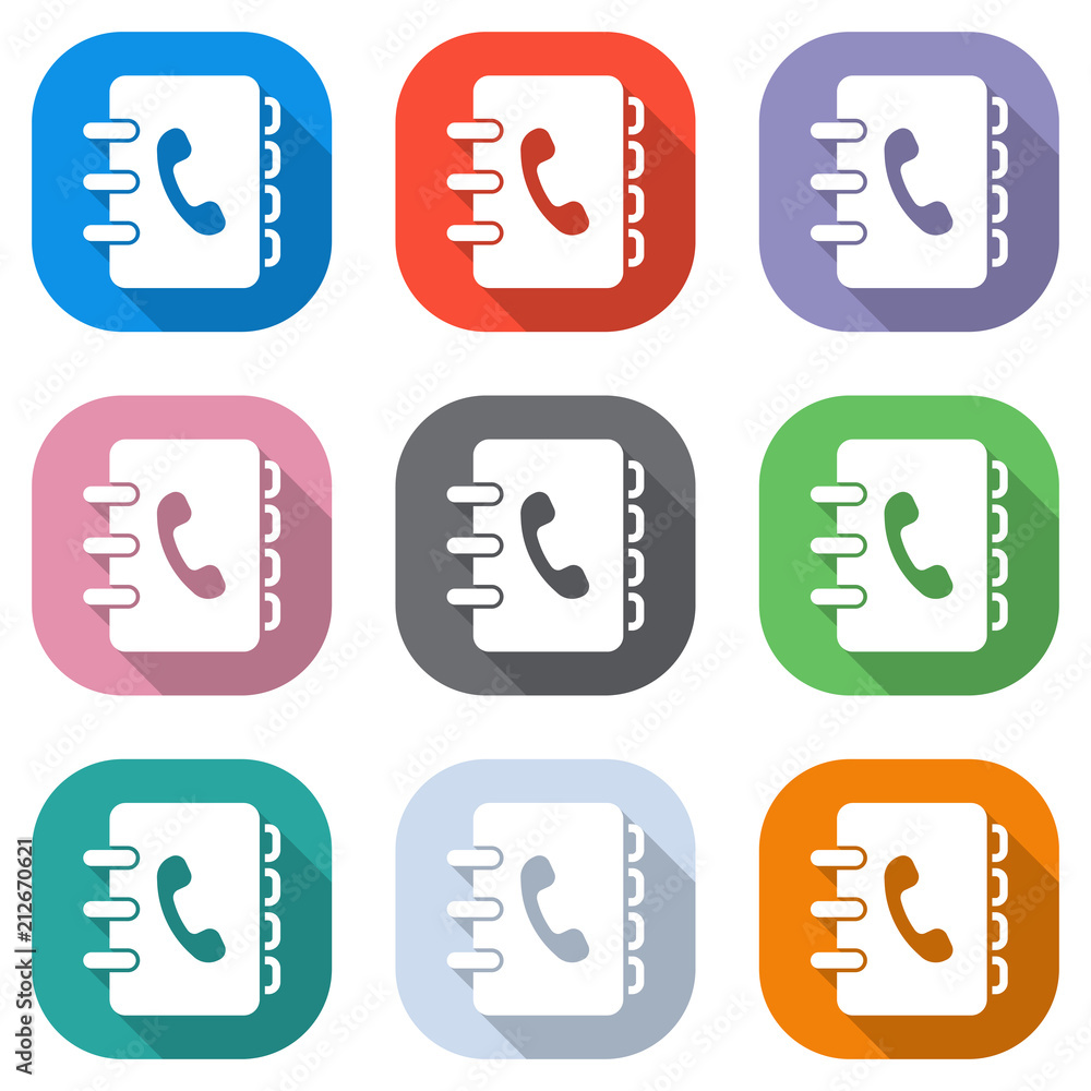 Poster address book with phone sign on cover. simple icon. set of white icons on colored squares for applic