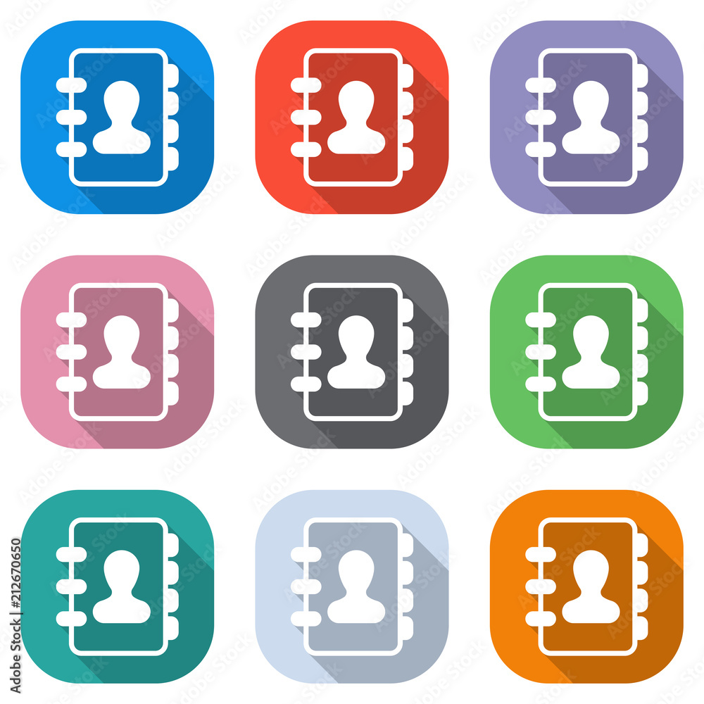 Poster address book with person on cover. simple icon. set of white icons on colored squares for applicatio
