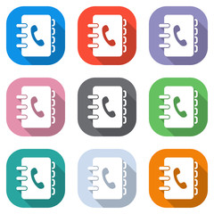 address book with phone sign on cover. simple icon. Set of white icons on colored squares for applications. Seamless and pattern for poster