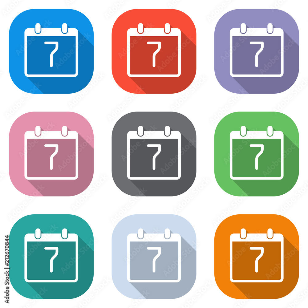 Poster calendar with 7 day, simple icon. set of white icons on colored squares for applications. seamless a