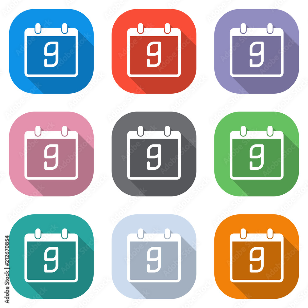 Poster calendar with 9 day, simple icon. set of white icons on colored squares for applications. seamless a