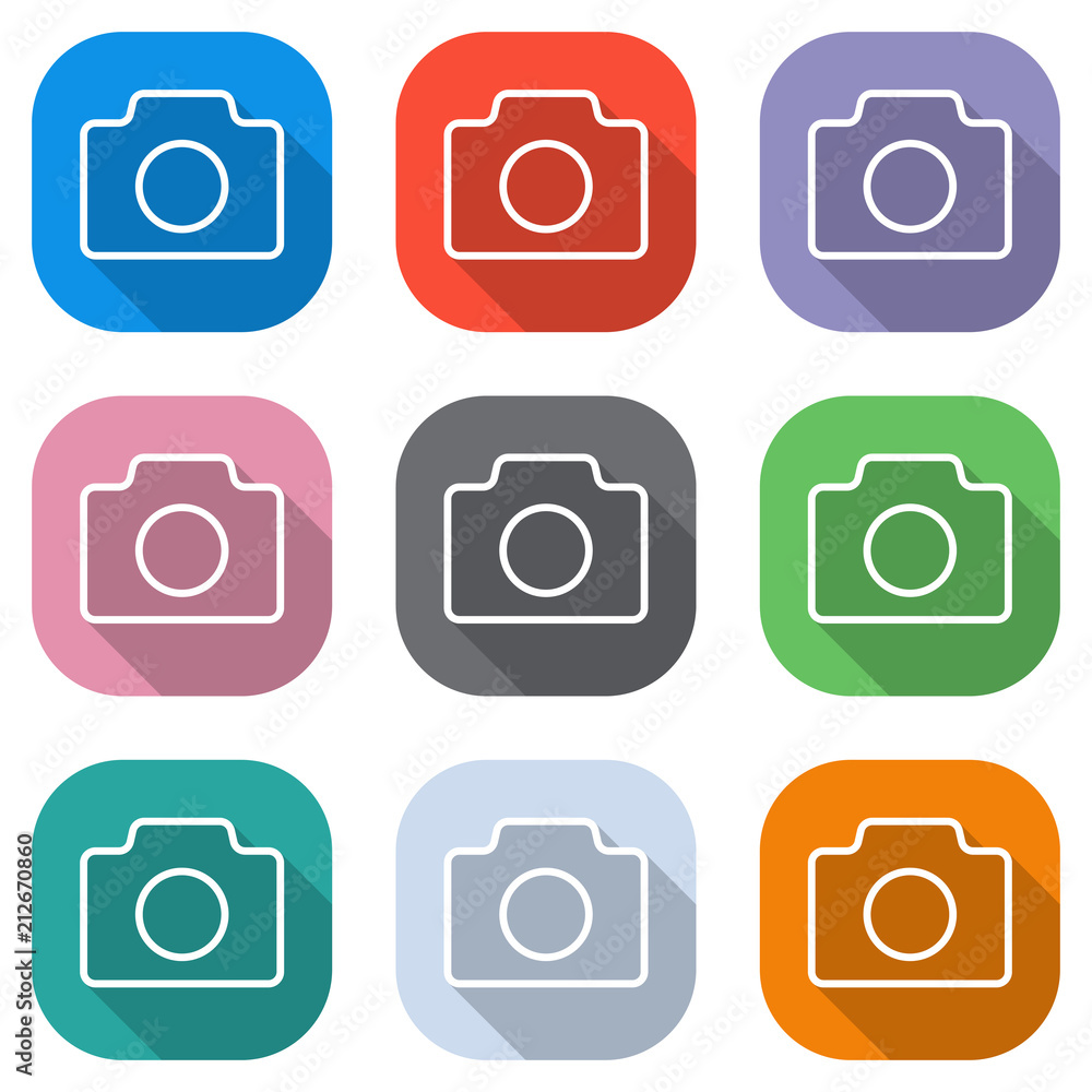 Poster photo camera, linear symbol with thin outline, simple icon. set of white icons on colored squares fo