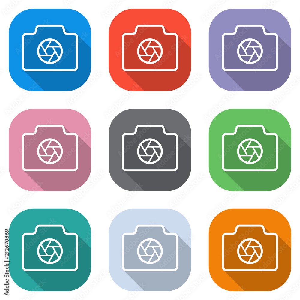 Poster photo camera with shutter, linear symbol with thin outline, simple icon. set of white icons on color