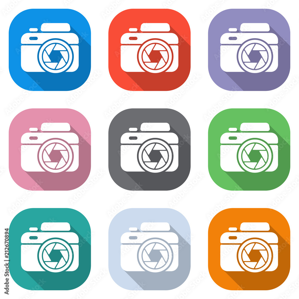 Poster photo camera with shutter, simple icon. set of white icons on colored squares for applications. seam