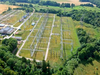 High voltage energy transformer station in forest, aerial view