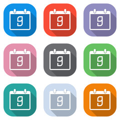calendar with 9 day, simple icon. Set of white icons on colored squares for applications. Seamless and pattern for poster