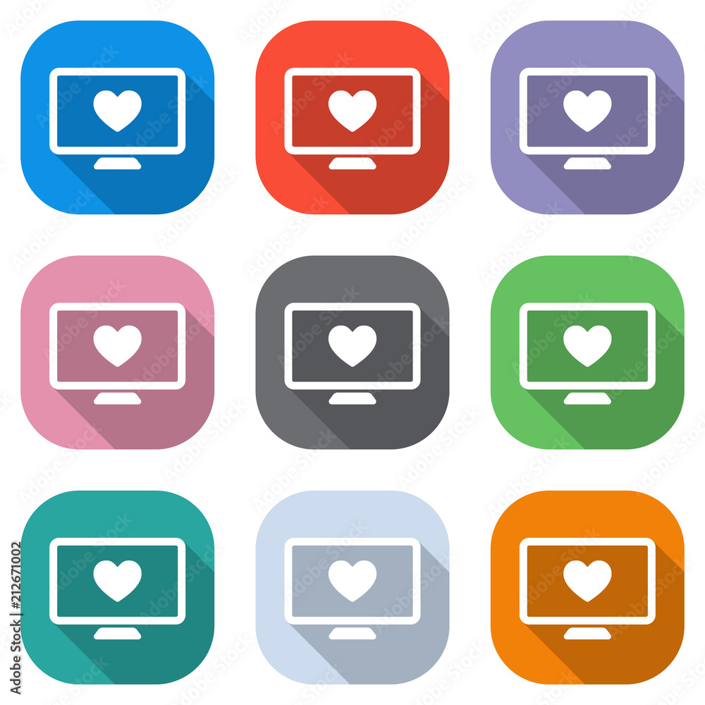 Poster computer and heard. simple icon. set of white icons on colored squares for applications. seamless an