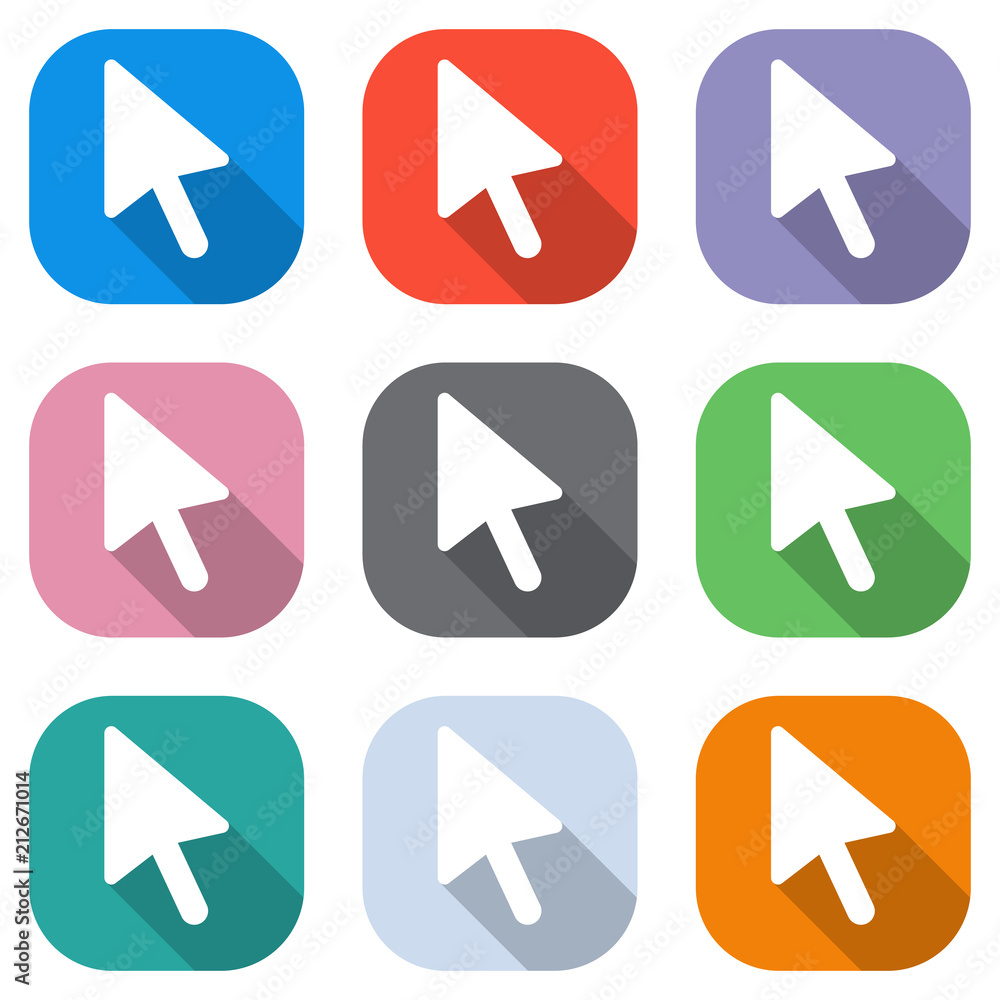 Poster computer mouse arrow icon. set of white icons on colored squares for applications. seamless and patt