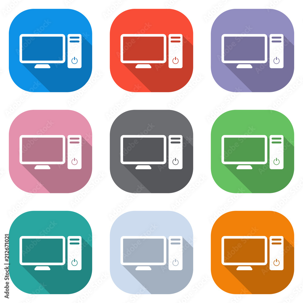 Poster personal computer, pc. system unit and monitor. set of white icons on colored squares for applicatio